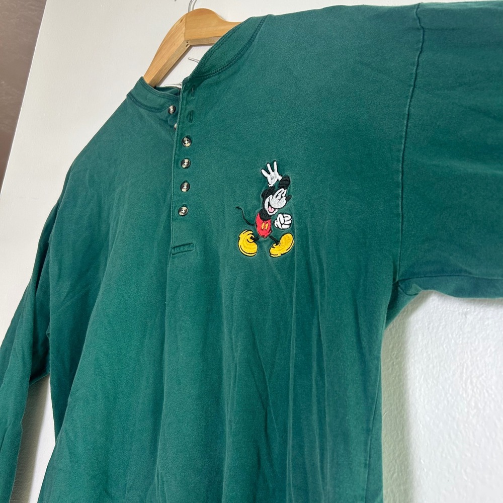 Vtg 90s Disney Store Mickey Mouse Henley Green Long Sleeve Shirt Large - Picture 6 of 6